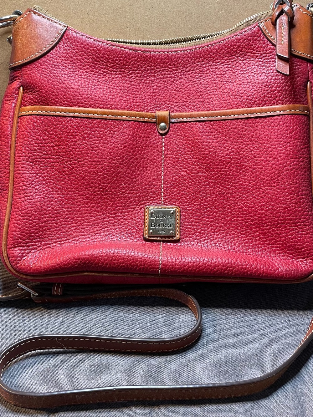 Dooney & Bourke Red Pebbled Leather Crossbody with Tan Trim